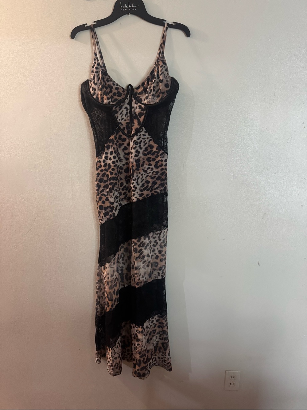 Leopard Print Slip Dress with Black Lace Panels